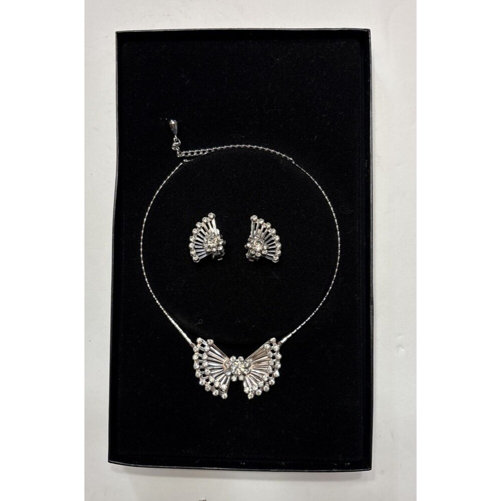 Vintage Coro Silver-Toned Rhinestone Butterfly Fan Necklace and Clip On Earrings